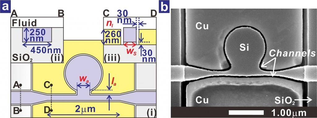금속-유체-실리콘 기반 광공진기인 PDR이 결합된 나노플라즈모닉 도파로의 구조와 제작된 소자의 주사현미경 사진