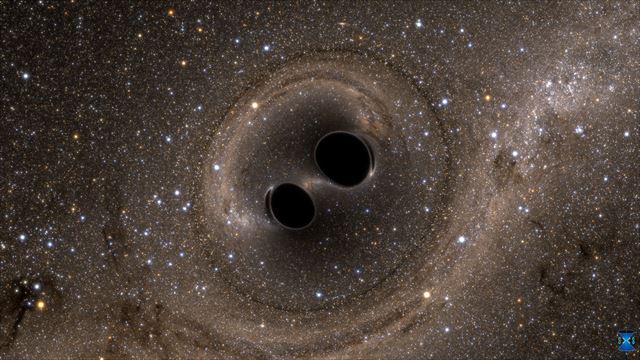 두 블랙홀이 충돌하기 직전의 모습을 상상한 그림. 두 블랙홀이 합쳐지면서 나온 중력파가 우주공간에 퍼져 14억년 뒤인 지난해 12월 지구에 도달했다. 이를 미국 검출기 ‘라이고’가 포착해 6월 16일자로 언론에 공개했다. 라이고과학협력단(LSC) 제공