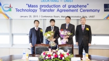 At the Technology Transfer Agreement Ceremony held at the UNIST campus, from left are, Chi-Yoon Lee (President of Deokyang Energen Corp.), In-Yup Jeon (School of Energy and Chemical Engineering), Jong-Beom Baek (Interdisciplinary School of Green Energy), and Moo Je Cho (President of UNIST).