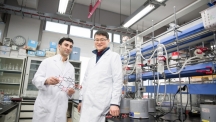 Prof. Jong-Beom Baek (right) and his advisee, Javeed Mahmood (left), posing in the lab at UNIST.