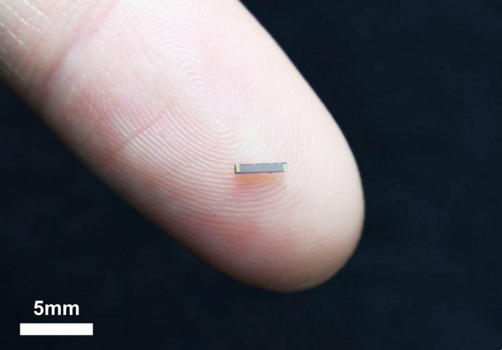 A tiny micro supercapacitor (MSC), being small as the width of a person's fingerprint.