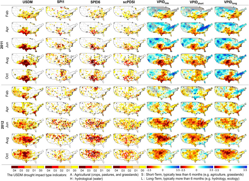 Spatial distribution of VPID schemes, USDM and surface-based drought indices (SPI1, SPEI6, and scPDSI) over the US for 2011–2012