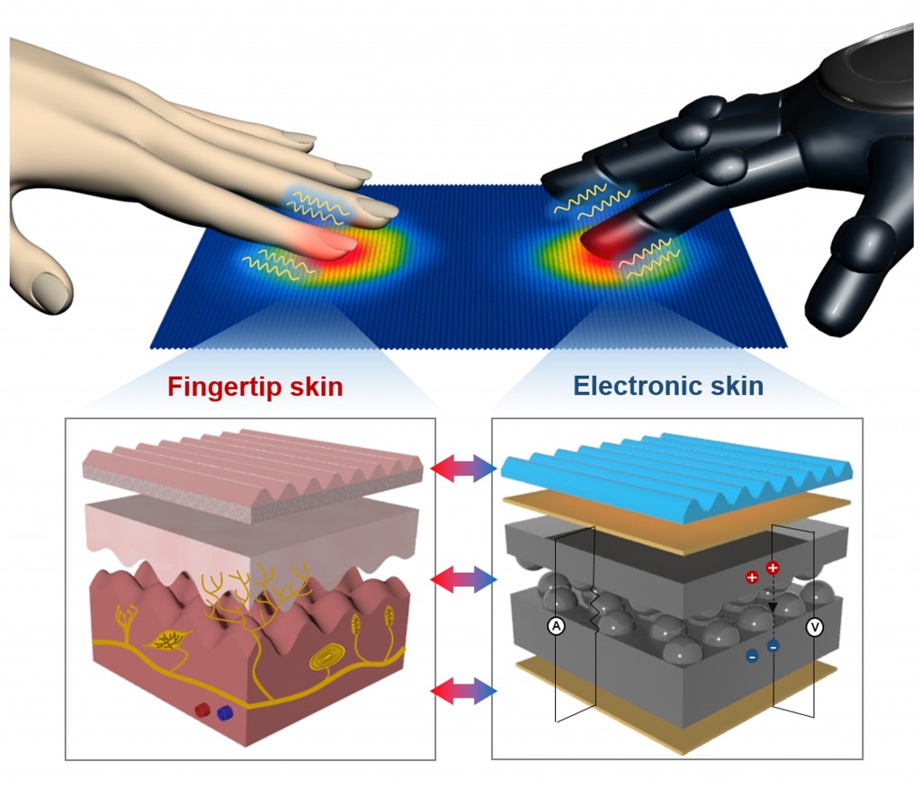 인공전자피부는 인체 손가락 피부 구조와 기능을 모사해 다양한 물리적 신호를 감지한다. 이 그림은 로봇에 인공전자피부를 적용할 수 있다.