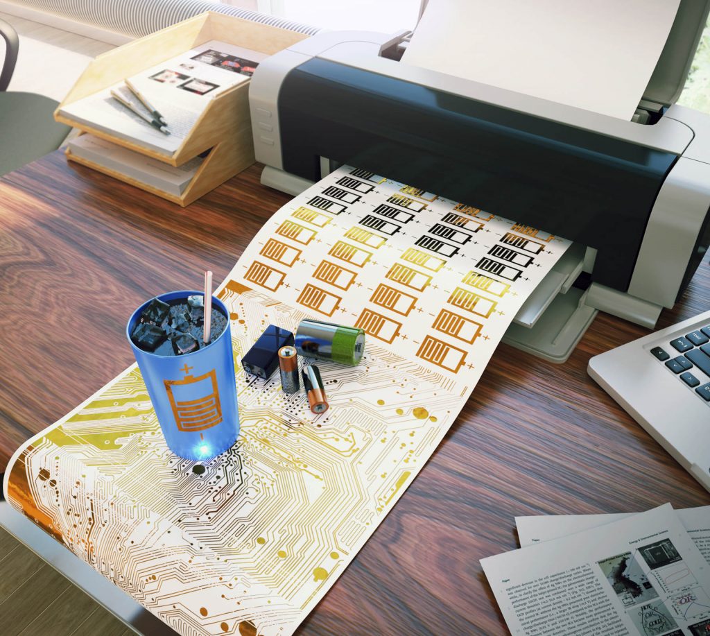 [그림1] 잉크젯 프린터로 종이 위에 출력하는 배터리와 이를 활용한 온도감지컵