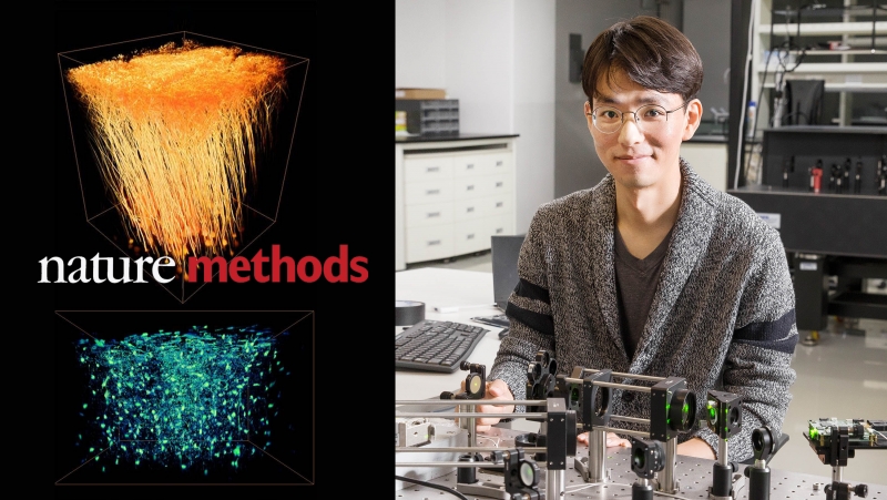 박정훈 교수(오른쪽)는 다개구 보정광학 현미경을 개발해 넓은 영역에서 쥐의 뉴런과 미세아교세포를 관찰했다. | 사진: 김경채