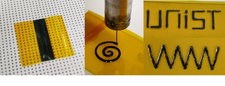 유연한 폴리이미드 필름(노랑)에 광흡수체(검정)를 적층시킨 모습(좌). 열전 재료를 잉크형으로 만들어 그리는 기법. | 사진: 정연수 제공