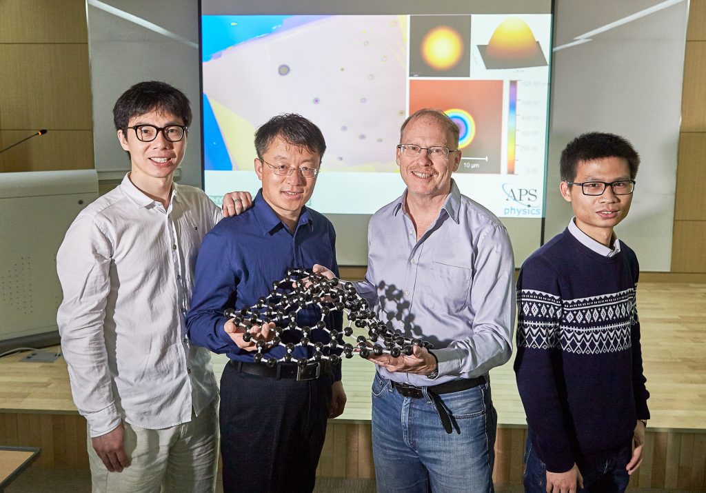 이번 논문에 참여한 연구자 중 현재 UNIST 캠퍼스에서 활동하고 있는 연구자들이 사진을 촬영했다. 왼쪽부터 샤오 왕 박사, 펑 딩 교수, 로드니 루오프 교수, 밍 후앙 박사. | 사진: 김경채