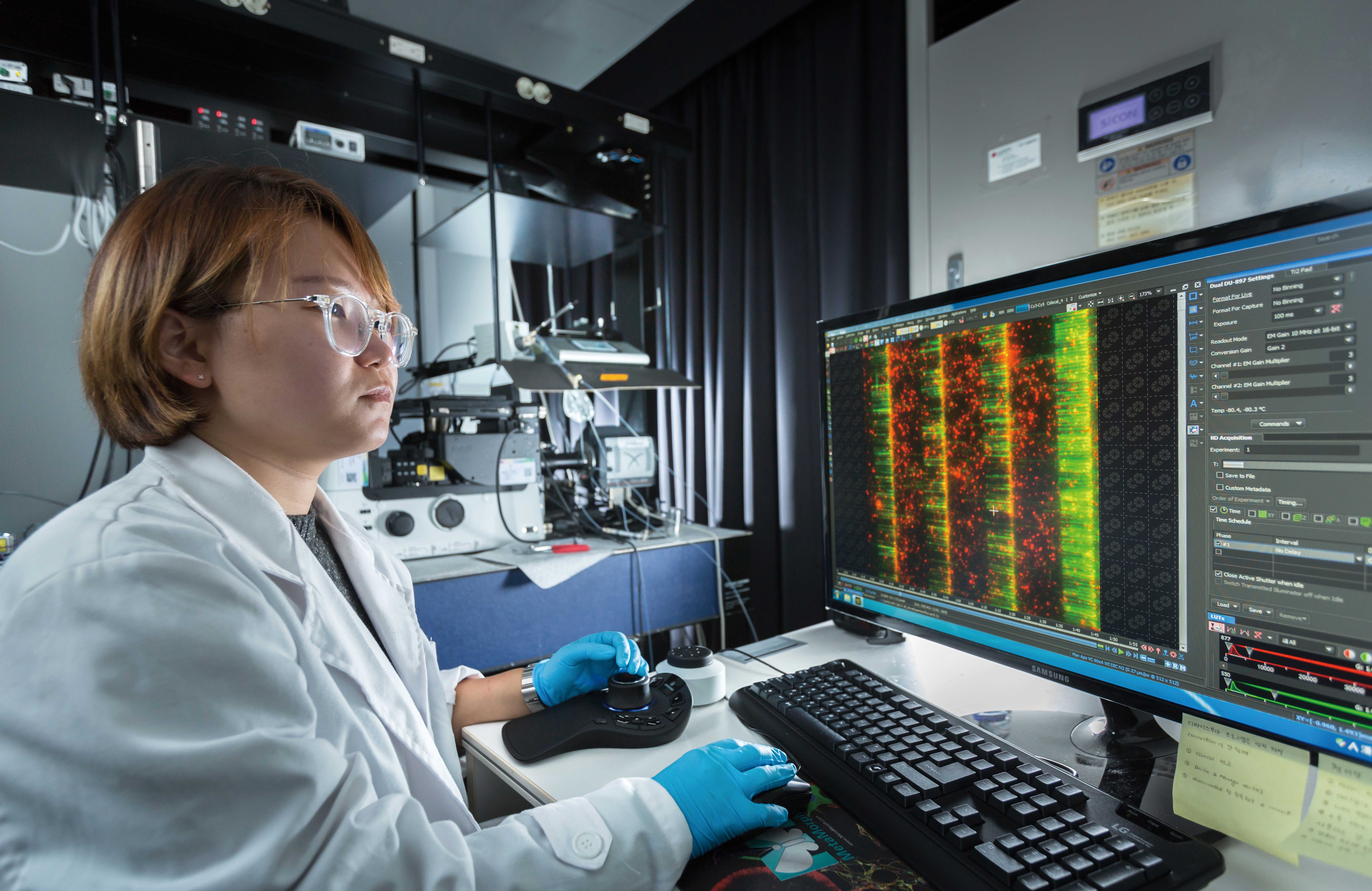 천나영 연구원이 DNA 커튼을 이용해 DNA와 단백질의 상호작용을 실시간을 관찰하고 있다. | 사진: 안홍범