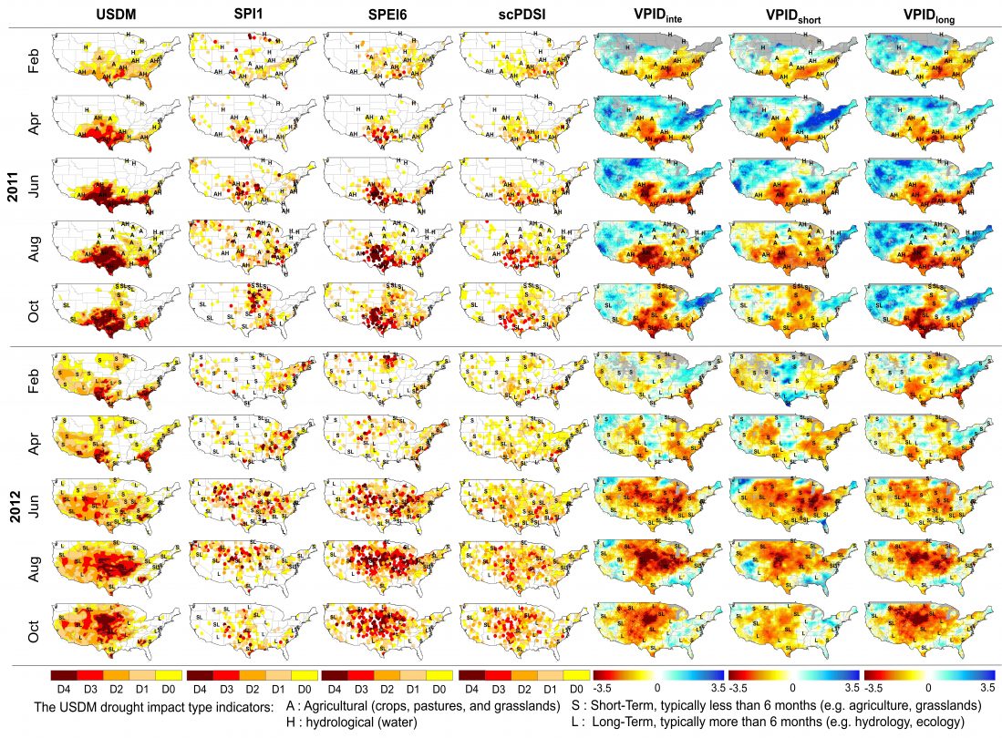[연구그림] 기존 관측소 기반 가뭄지수 및 VPA를 통해 계산된 가뭄지수의 공간 분포 비교