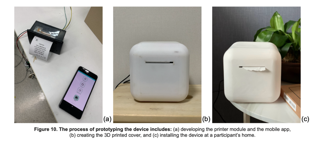 그림2. 디바이스의 프로토타이핑 과정 (a) 프린팅 모듈과 모바일 앱 개발, (b) 3D프린팅으로 디바이스 케이싱 제작, (c) 실험 참여자가 거주하는 집에 설치된 모습