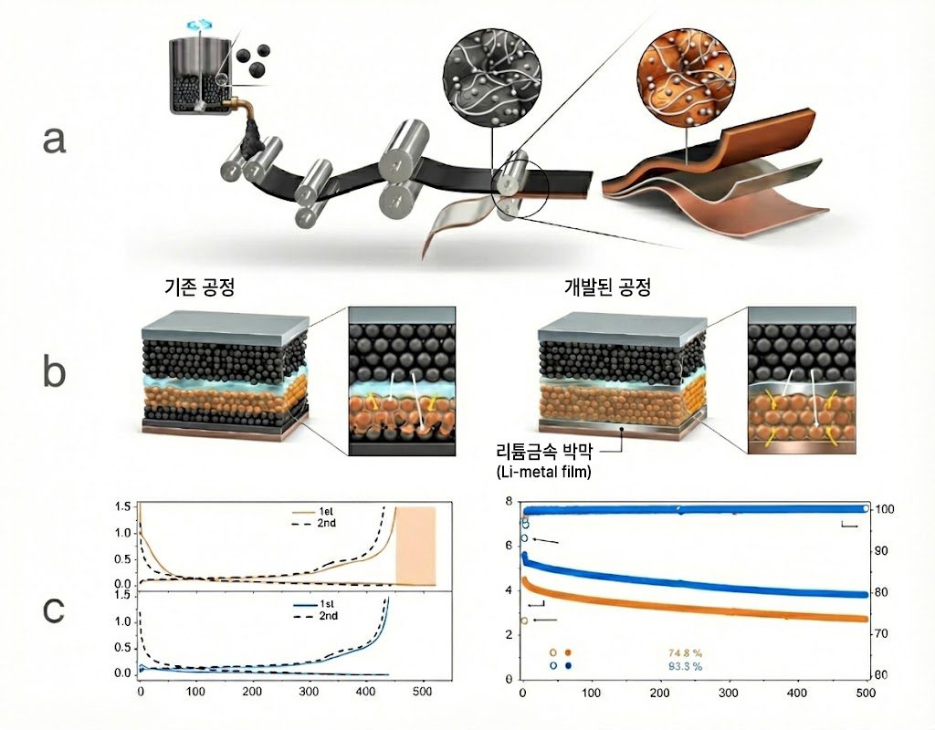 [연구그림] 새로운 배터리 후막 전극 제조 기술(a,b)과 전극 용량 증대 효과(c)