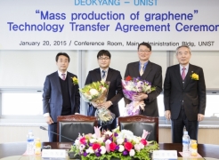 At the Technology Transfer Agreement Ceremony held at the UNIST campus, from left are, Chi-Yoon Lee (President of Deokyang Energen Corp.), In-Yup Jeon (School of Energy and Chemical Engineering), Jong-Beom Baek (Interdisciplinary School of Green Energy), and Moo Je Cho (President of UNIST).