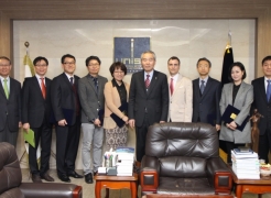 Pictured from left are Director Jin-Hyouk Im (Center for Teaching and Learning), Prof. Byeong-Su Kim (Department of Chemistry), Prof. Tae-Hyuk Kwon (School of Natural Science), Prof. Jae Yon Lee (Division of General Studies), Jinsook Choi (Division of General Studies), President Moo Je Cho, Bradley S. Tartar (Division of General Studies), Sang Young Lee (School of Energy and Chemical Engineering), Jin Young Kim (School of Energy and Chemical Engineering), Kwanyoung Seo (School of Energy and Chemical Engineering).