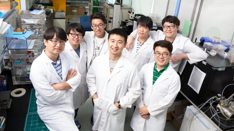 Prof. Baik's research team is posing for a group photo. Second row, left to right are Jae Won Lee, Kyeong Nam Kim, YoungMin Kwon, and HeeJun Kim. First row, left to right are Jeong Min Baik, Jinsung Chun, and Byeong Uk Ye.
