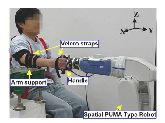 Experimental setup for the estimation of the 3 DOF human forearm and wrist impedance.