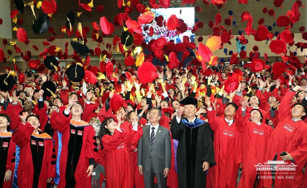 UNIST's Class of 2018 throw their mortarboards in the air to celebrate their graduation. South Korean President Moon Jae-in also visited UNIST to wish them continued success in their education and careers.
