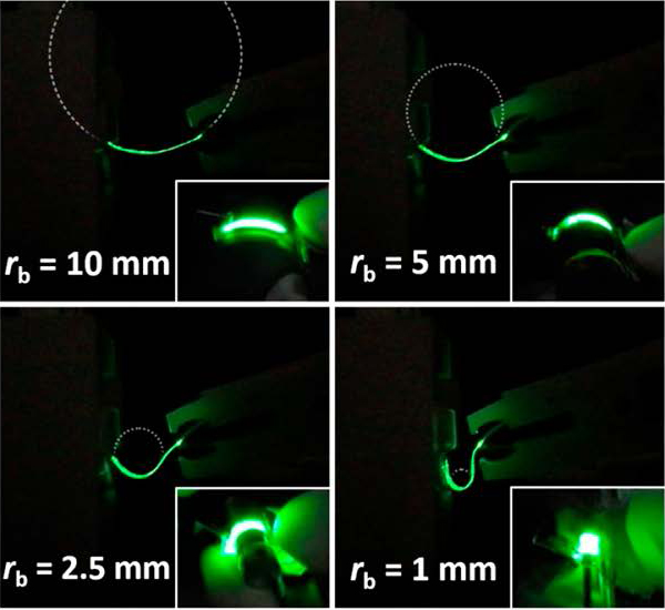 Above image demonstrates the cyclic bending test of the perovskite LEDs.