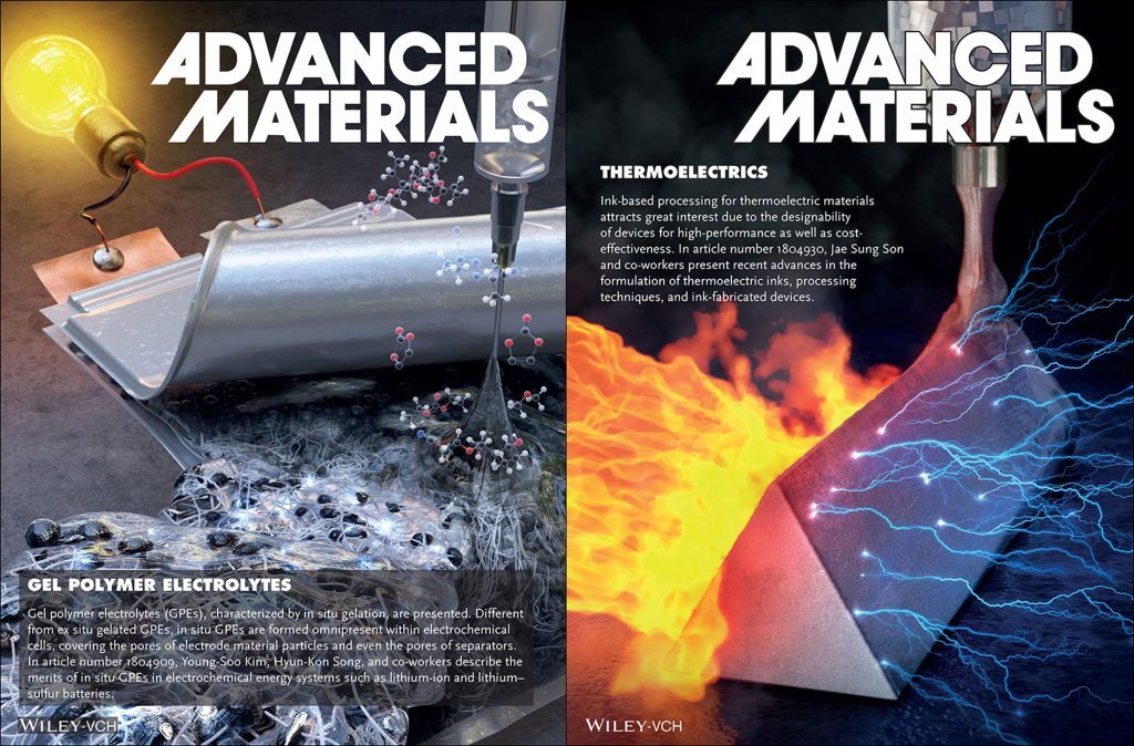 The above images, illustrating gel polymer electrolytes and thermoelectrics have been also highlighted as frontispiece in the journal. | Image Credit: Advanced Materials 