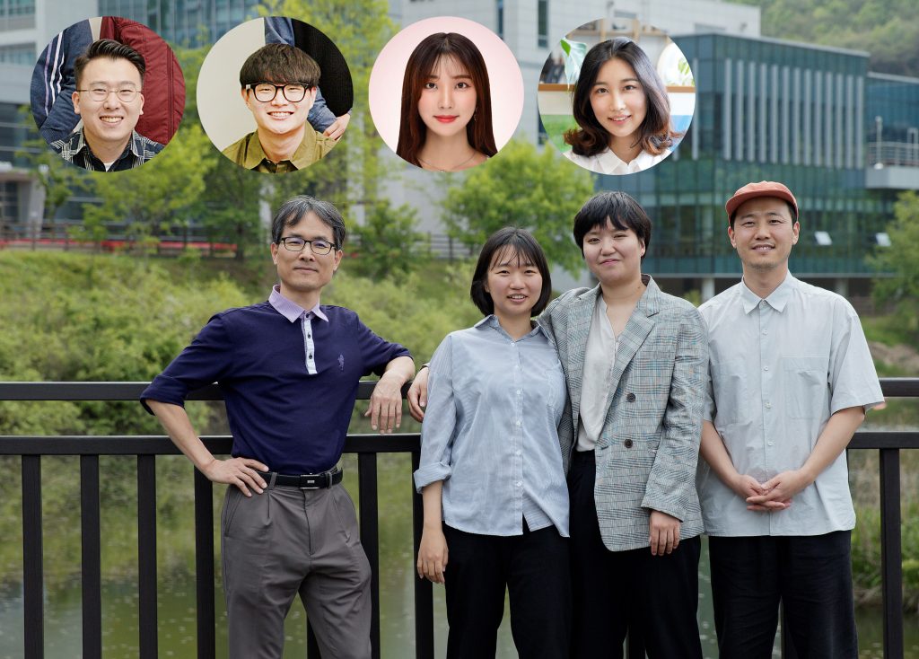 Wave Hat + Wave App Design Team. From left are Professor Kwanmyung Kim, Hyemin Choi, Jiyoung Lee, Professor Hwang Kim, and Soyoon Park (bottom right) from UNIST Department of Design. Dabin Lee and Sangjin Joo also partook in the project.
