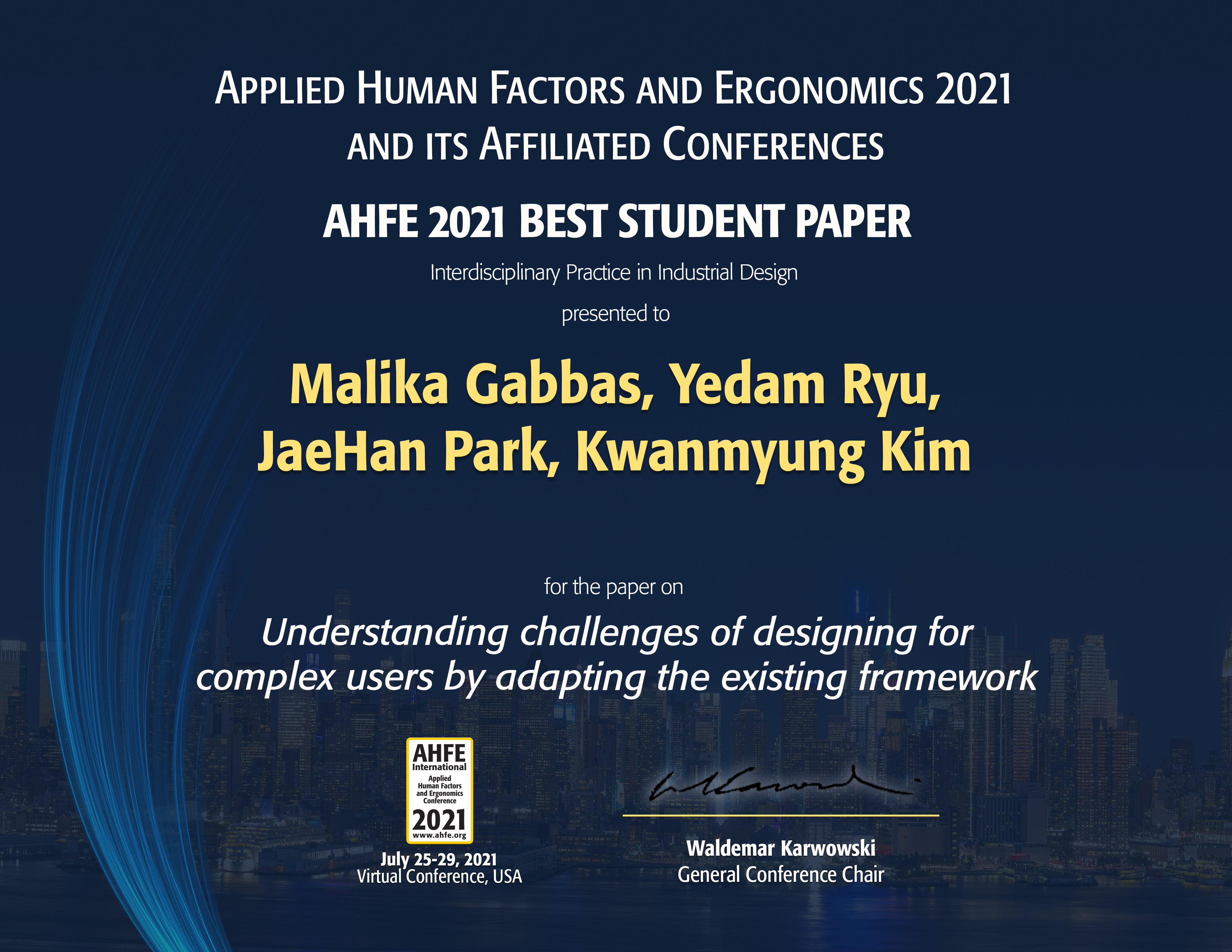 Professor KwanMyung Kim's design team highly commended for excellence at AHFE 2021 International Conference.