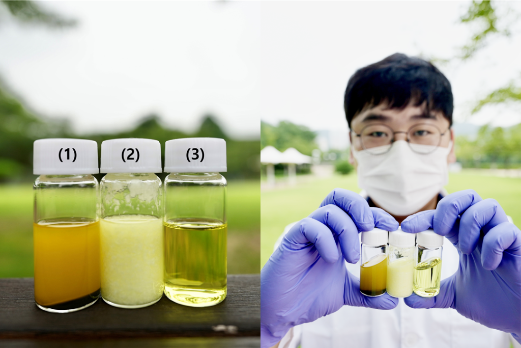 Figure 1. Researcher is holding the EtOH-based FAPbI3 and PbI2. precursor solutions.
