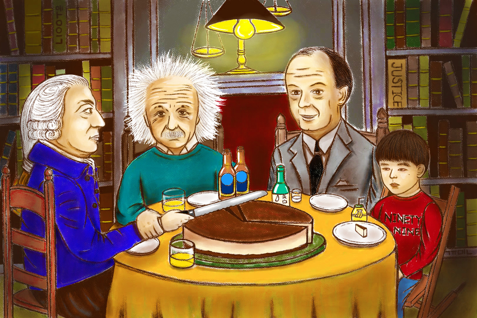 Cake-cutting using the Boltzmann division. When the economist Adam Smith (leftmost) tries to split a cake, the physicist Einstein (second left) urges him to think again. Finding an answer as to how to farily divide this cake is not easy, considering Von Neumann (third left) who had greatly contributed to the development of humankind, and the child who represents 99% of the world's population are both at present. l Image Credit: Dr. JiWon Park