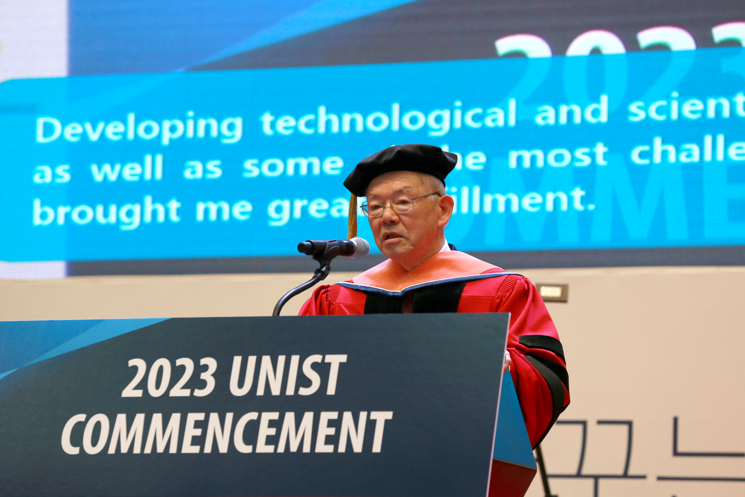 The honorary doctoral degree has been bestowed upon MIT Cross Professor Emeritus Nam Pyo Suh at the 2023 UNIST Commencement Ceremony on February 16, 2023.