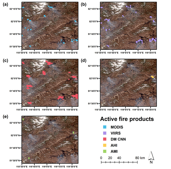 Spatial distribution of active fire products from (a) MODIS, (b) VIIRS, (c) dual-module convolutional neural network (DM CNN), (d) AHI, and (e) AMI in EA 2
