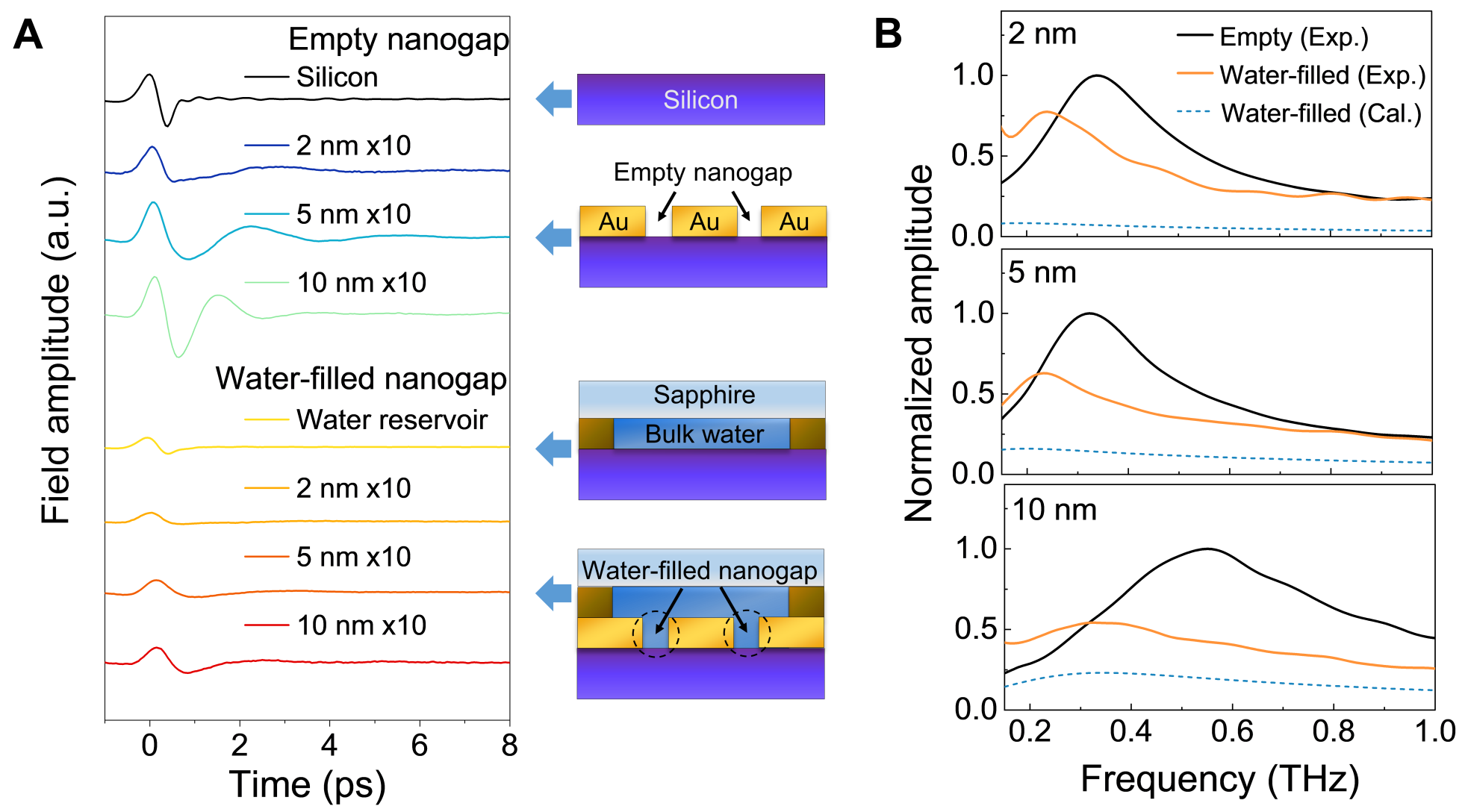 Fig. 3. THz transmissions of empty and water-filled nanogaps with different gap widths