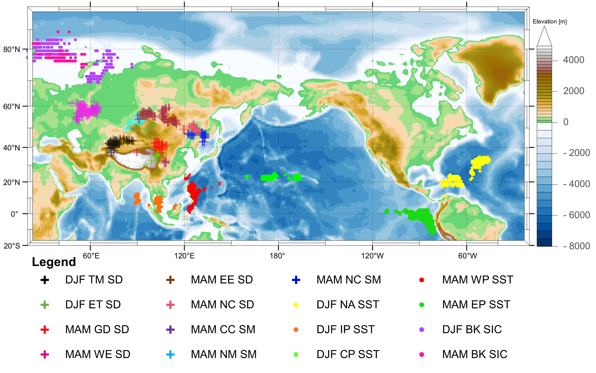 Figure 1. Geographical distribution of selected teleconnection drivers for heatwave frequency in South Korea.