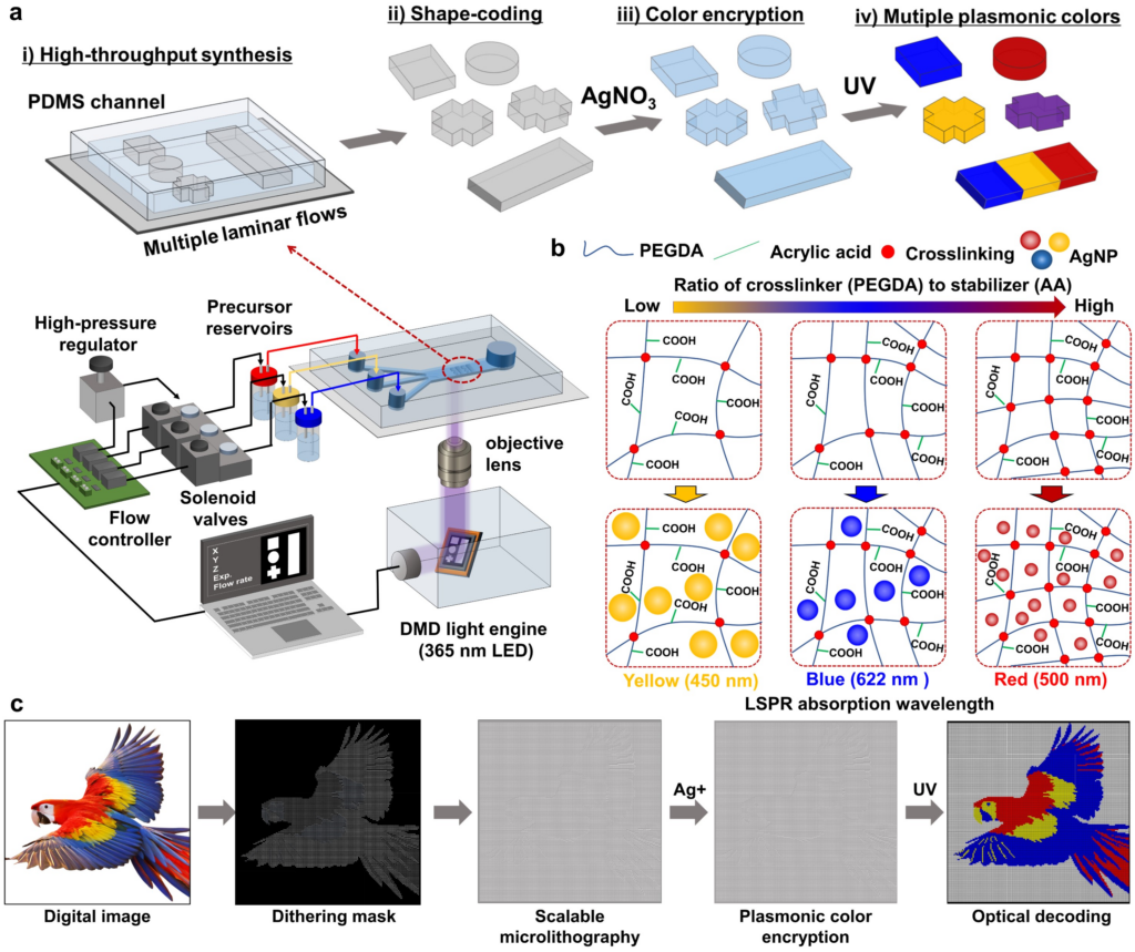 Figure 1. High-throughput synthesis of multiple plasmonic colored microarchitectures via digital mask flow micro-lithography systems.