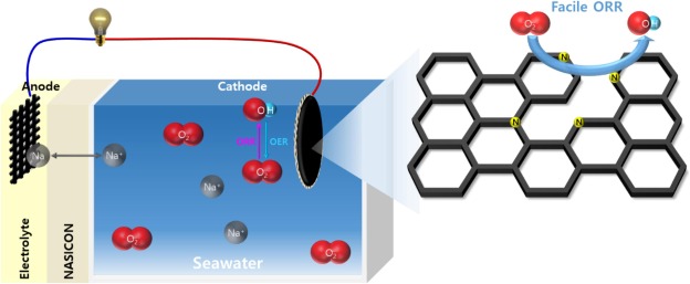 Fig. 1. Graphitic illustration of a seawater battery and a schematic of the catalyst developed in this study.