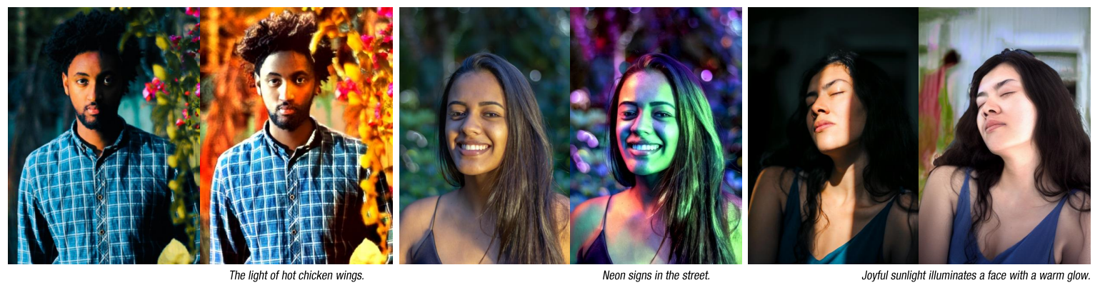 Figure 1 Text2Relight generates the image of a relighted portrait (right) as a condition of a text prompt while keeping original