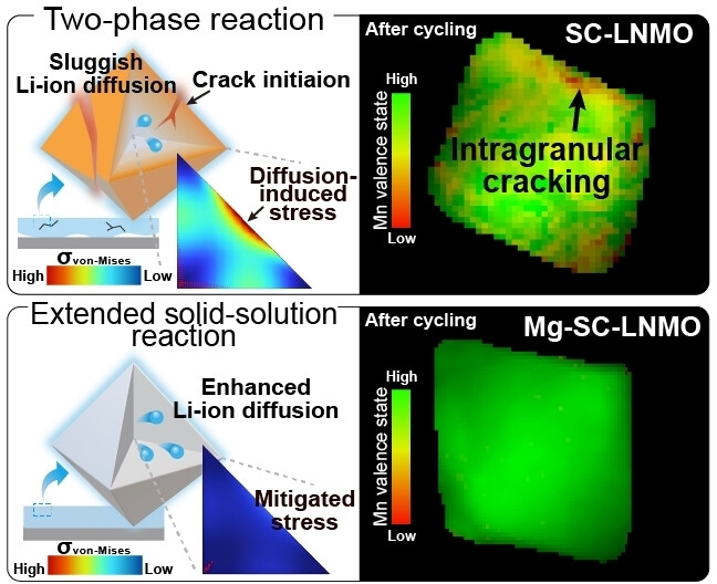a design strategy to enhance the mechanical integrity of single-crystal LNMO cathodes by extending solid-solution behavior.