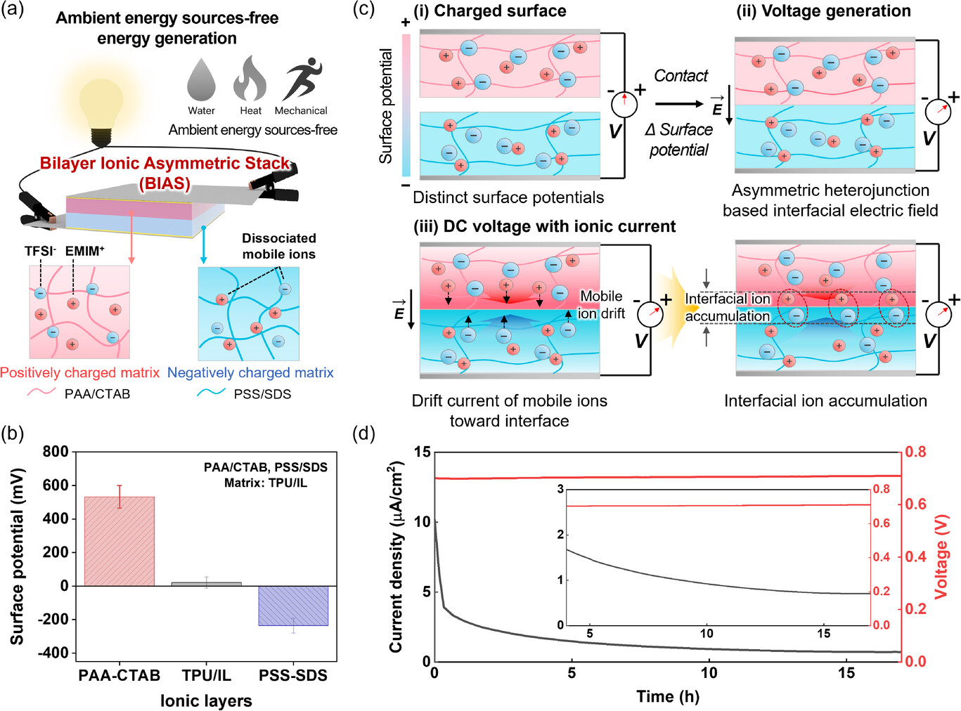 All-polymer bilayer ionic heterojunction generator operating independently of external energy sources.