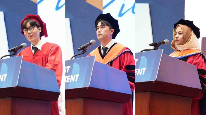 Graduate representatives InJung Chung from the Department of Computer Science and Engineering, JongBeom Kim from the School of Energy and Chemical Engineering, and Suraiya Hahan Liza from the Department of Biomedical Engineering reflected on their academic journeys and research experiences at UNIST.